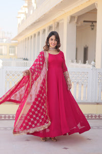 Faux Blooming Gown with Dupatta Featuring Attractive Embroidered Sequins Work and Lace Border