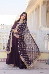 Faux Blooming Gown with Dupatta Featuring Attractive Embroidered Sequins Work and Lace Border