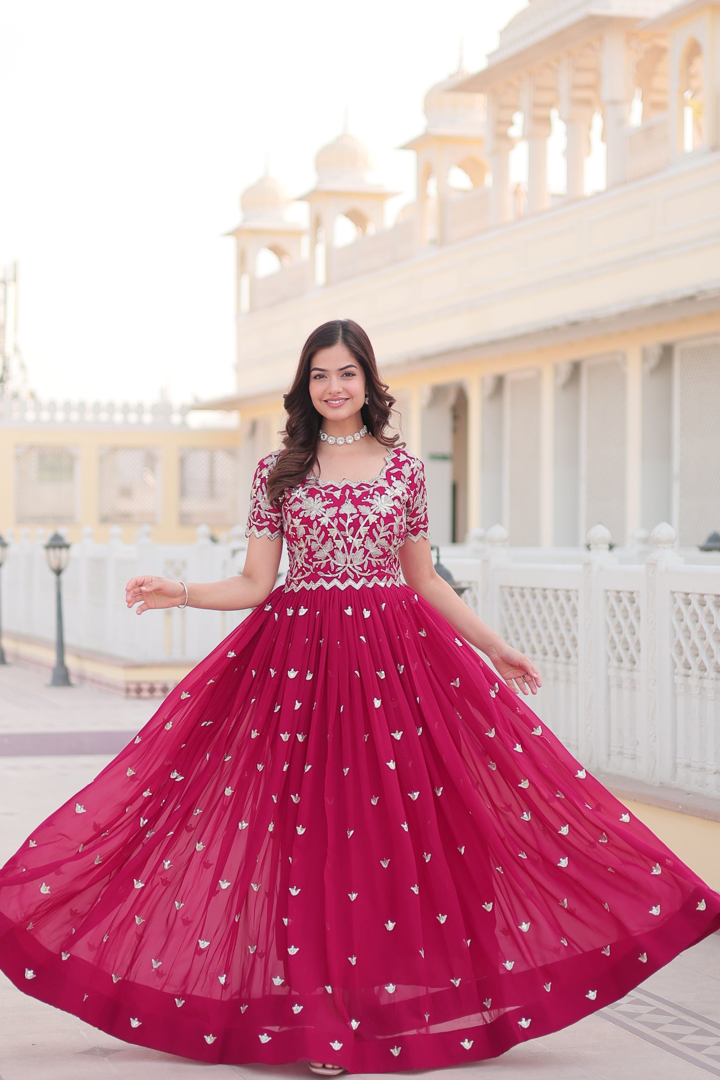 Pink Color Georgette Party Wear Gown With Sequins Embroidery Ready to Wear