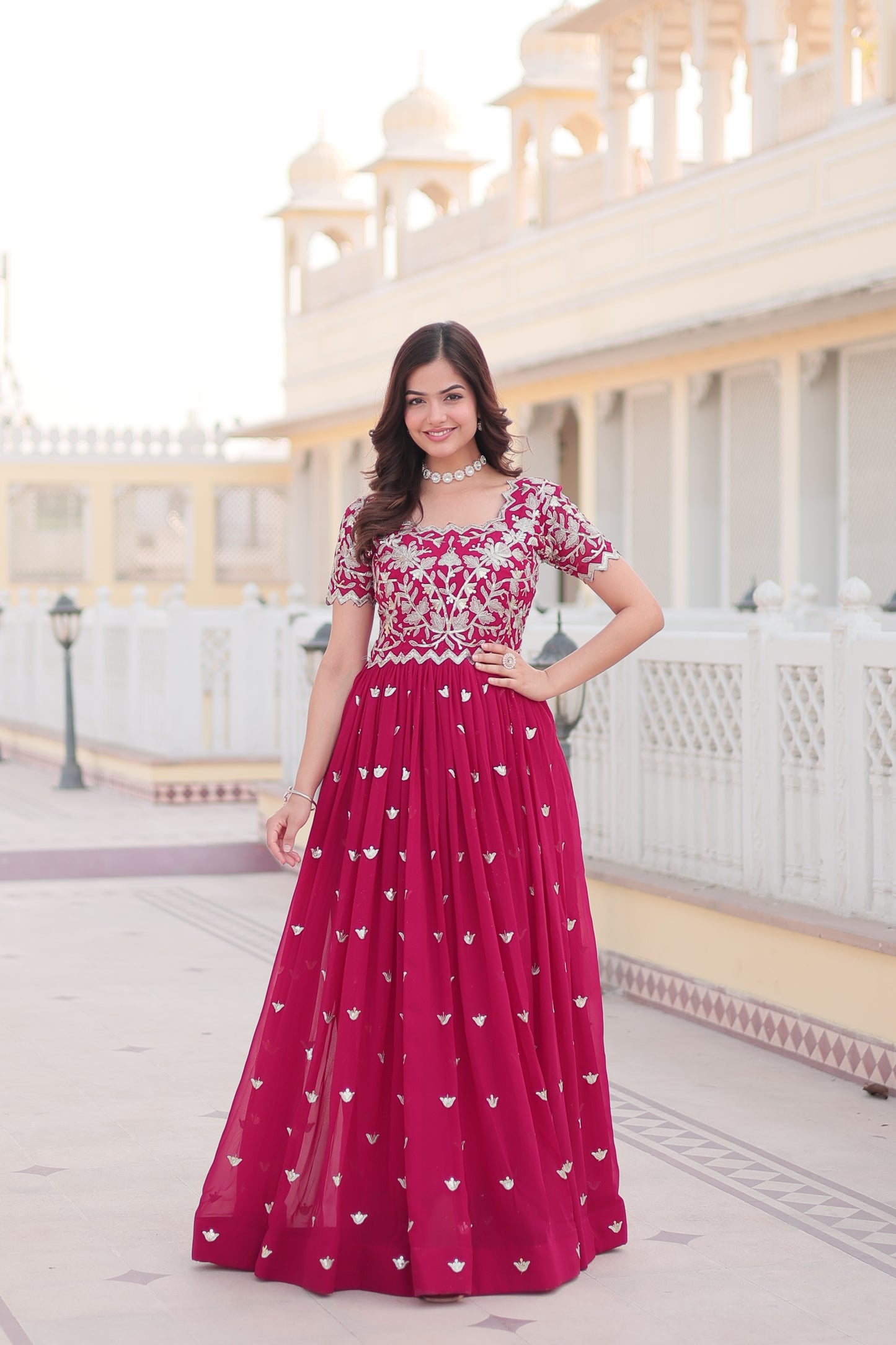 Pink Color Georgette Party Wear Gown With Sequins Embroidery Ready to Wear