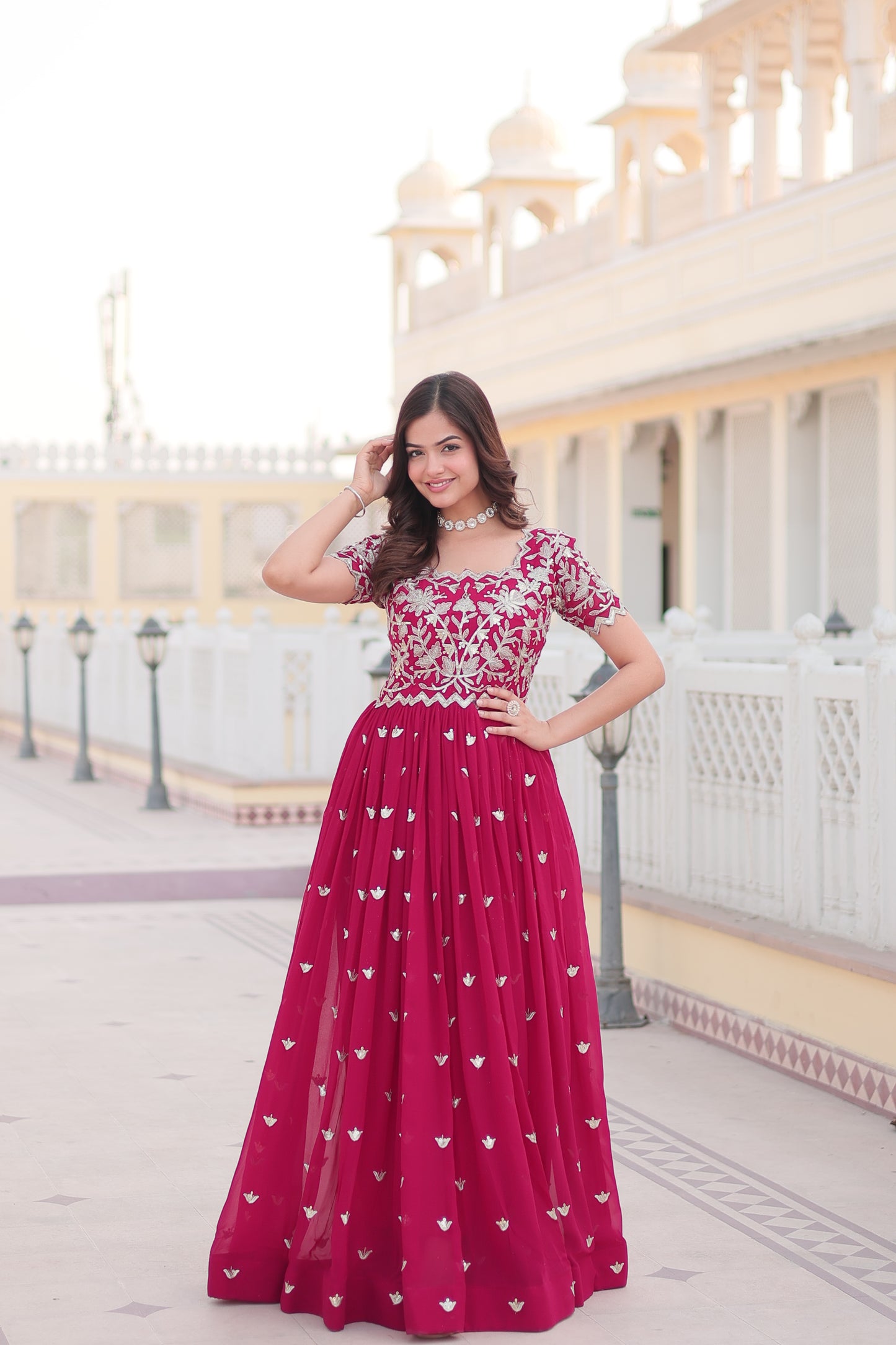 Pink Color Georgette Party Wear Gown With Sequins Embroidery Ready to Wear