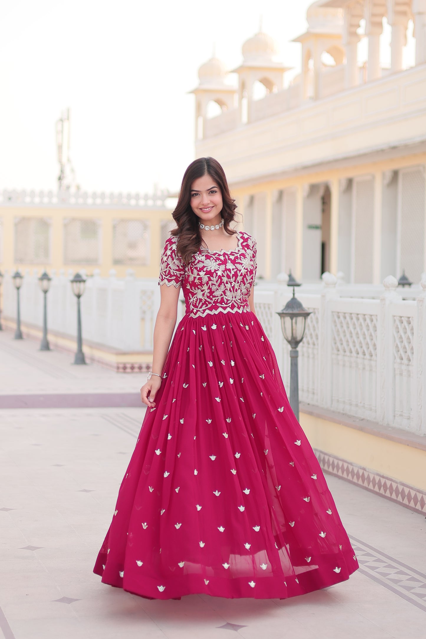 Pink Color Georgette Party Wear Gown With Sequins Embroidery Ready to Wear