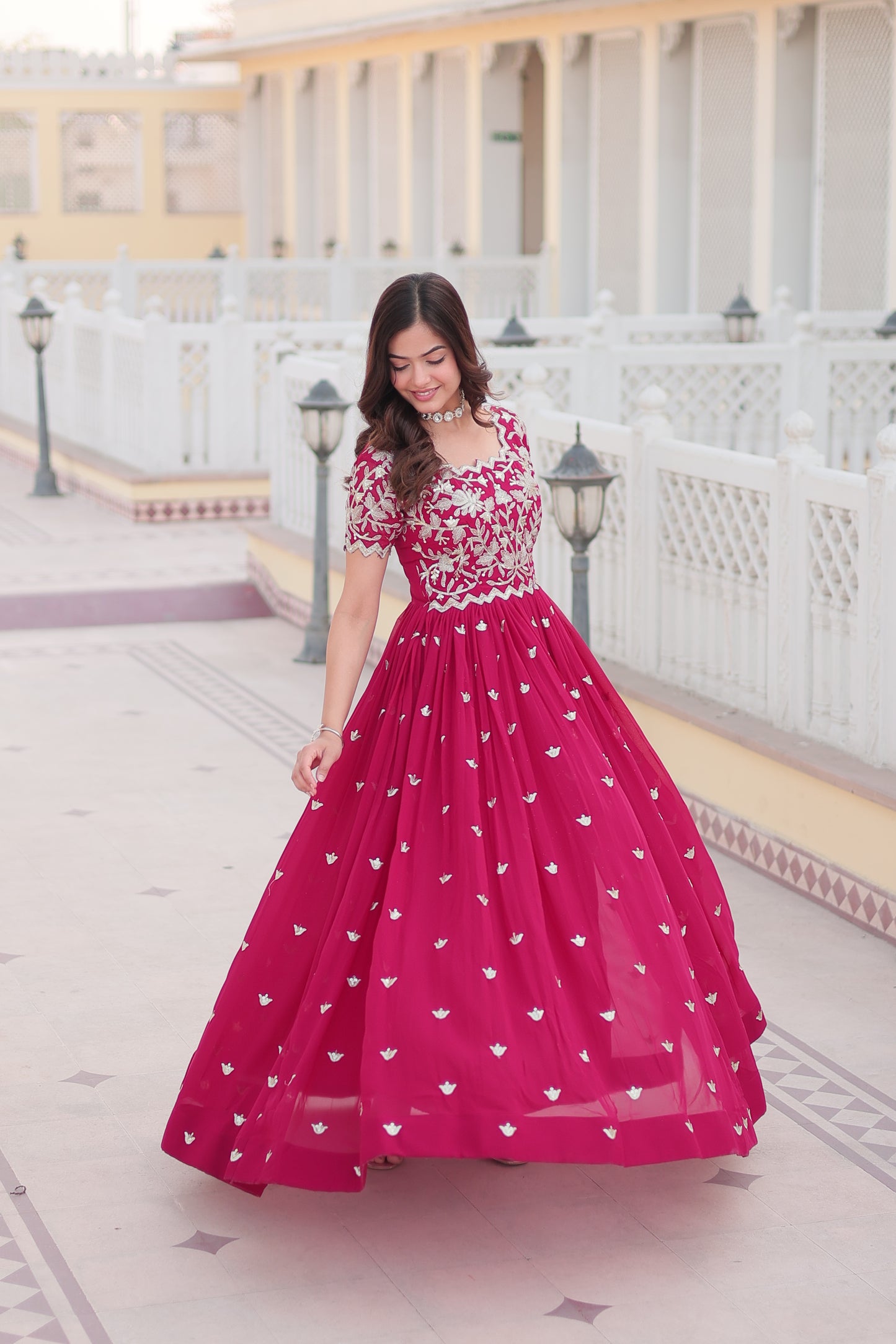 Pink Color Georgette Party Wear Gown With Sequins Embroidery Ready to Wear