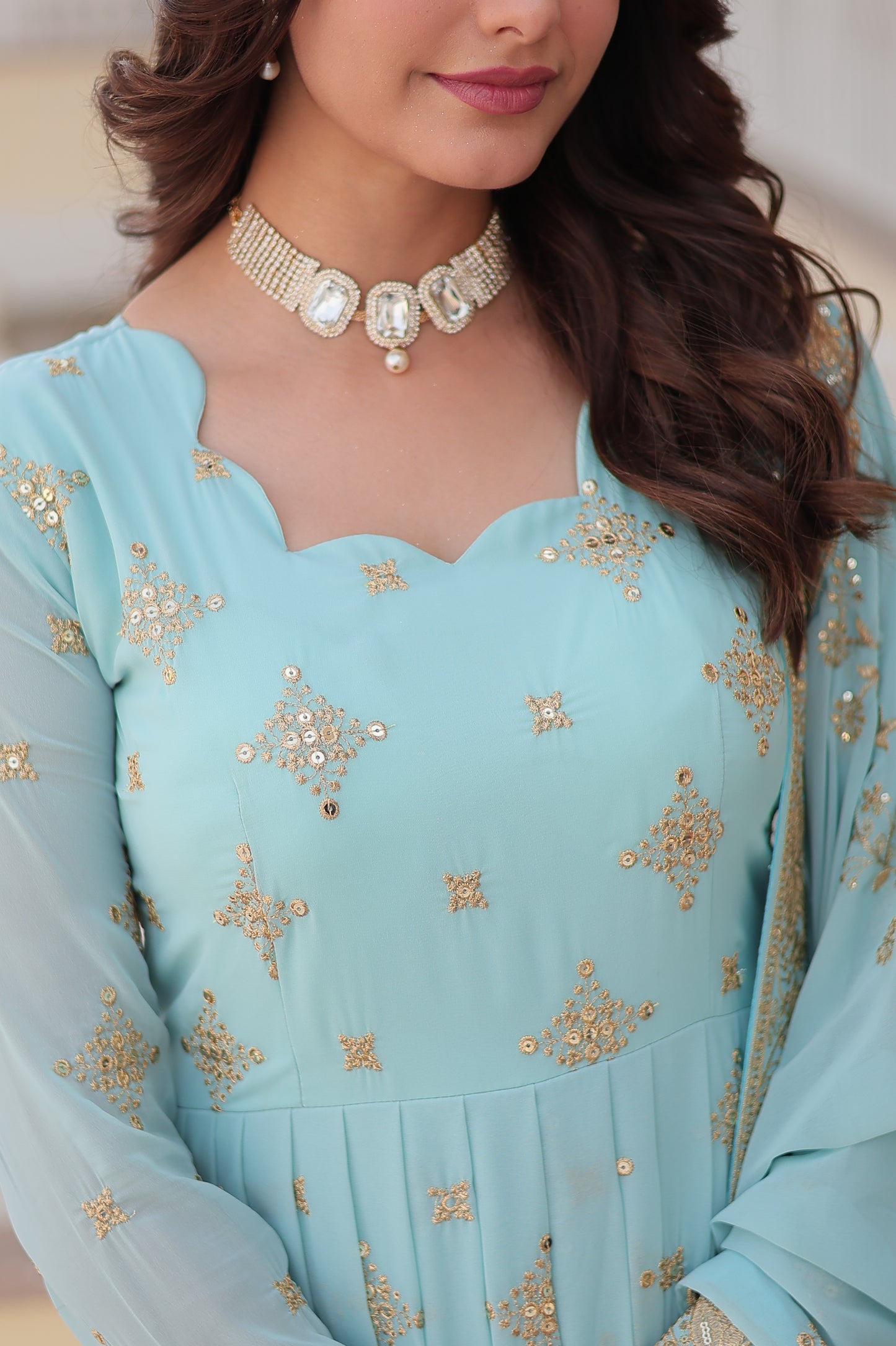 Spectacular Sky-Blue Embroidered Georgette Festival Wear Gown.