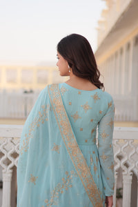 Spectacular Sky-Blue Embroidered Georgette Festival Wear Gown.