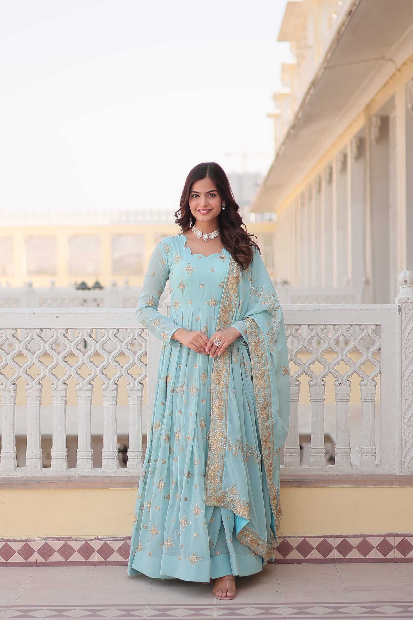 Spectacular Sky-Blue Embroidered Georgette Festival Wear Gown.