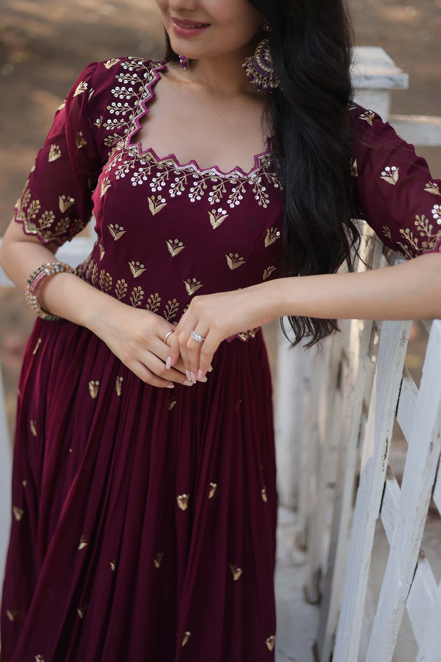 Brown Sequence Work Readymade Anarkali Gown