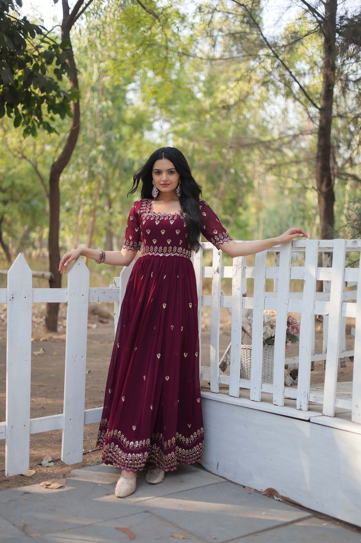 Brown Sequence Work Readymade Anarkali Gown