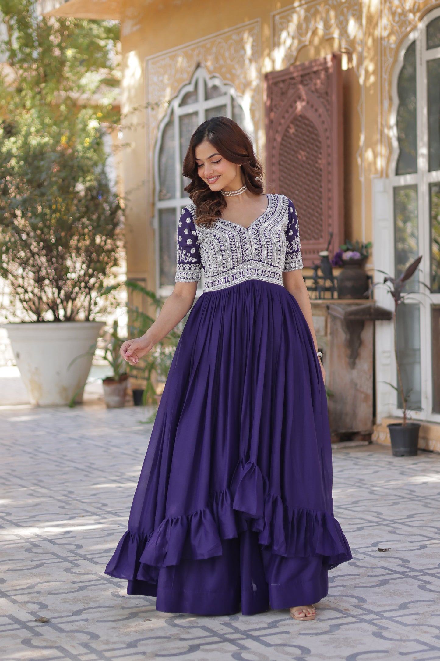 Lehenga with Readymade Slit Cut Long Kurti Set – Star Georgette with Beads & Sequins Embroidery
