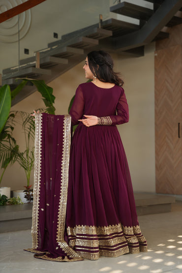 Premium Embroidered Wine Color Readymade Gown with Dupatta