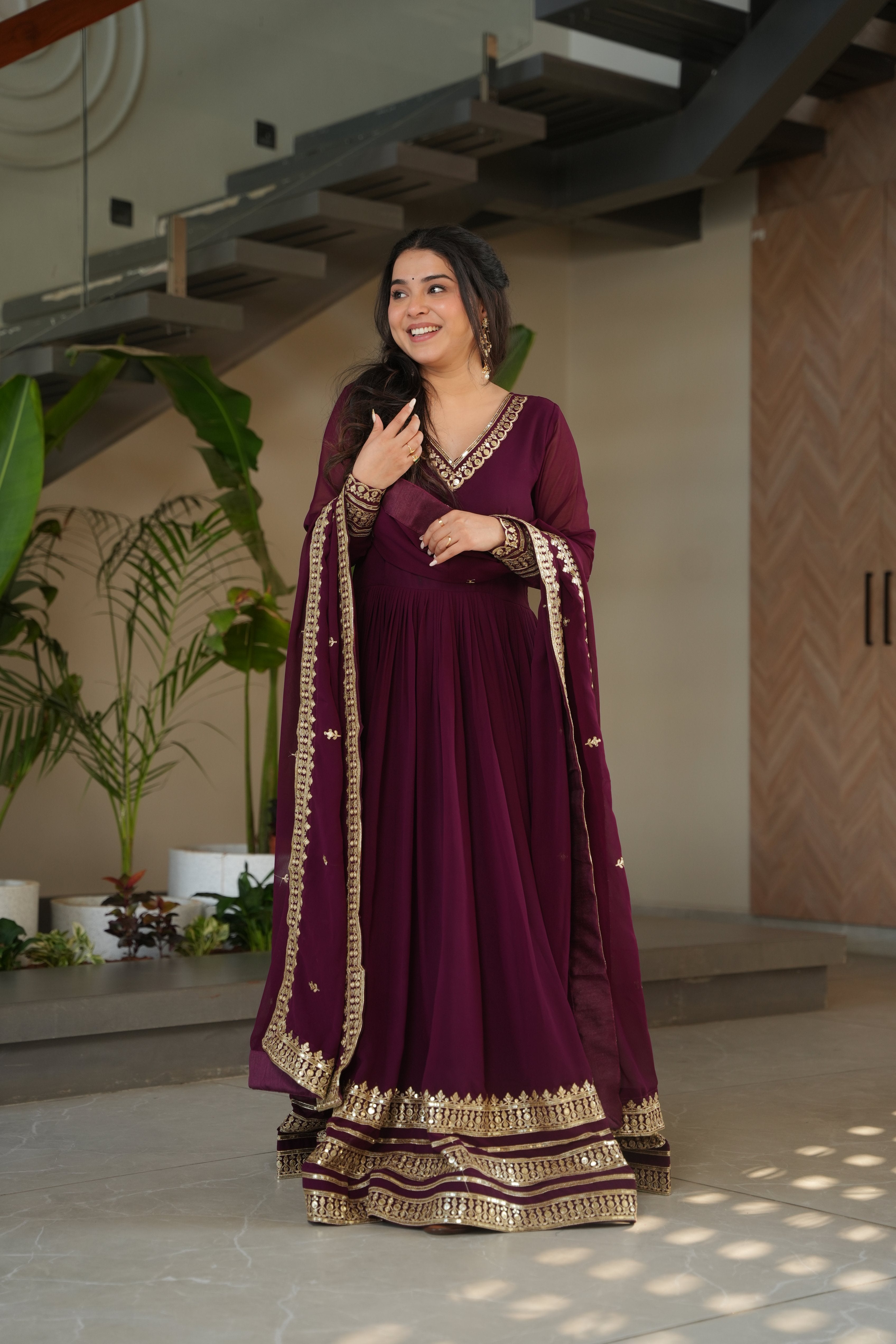 Premium Embroidered Wine Color Readymade Gown with Dupatta