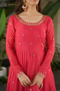 Peach Chinon Embroidered Readymade Gown with Dupatta