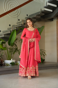Peach Chinon Embroidered Readymade Gown with Dupatta