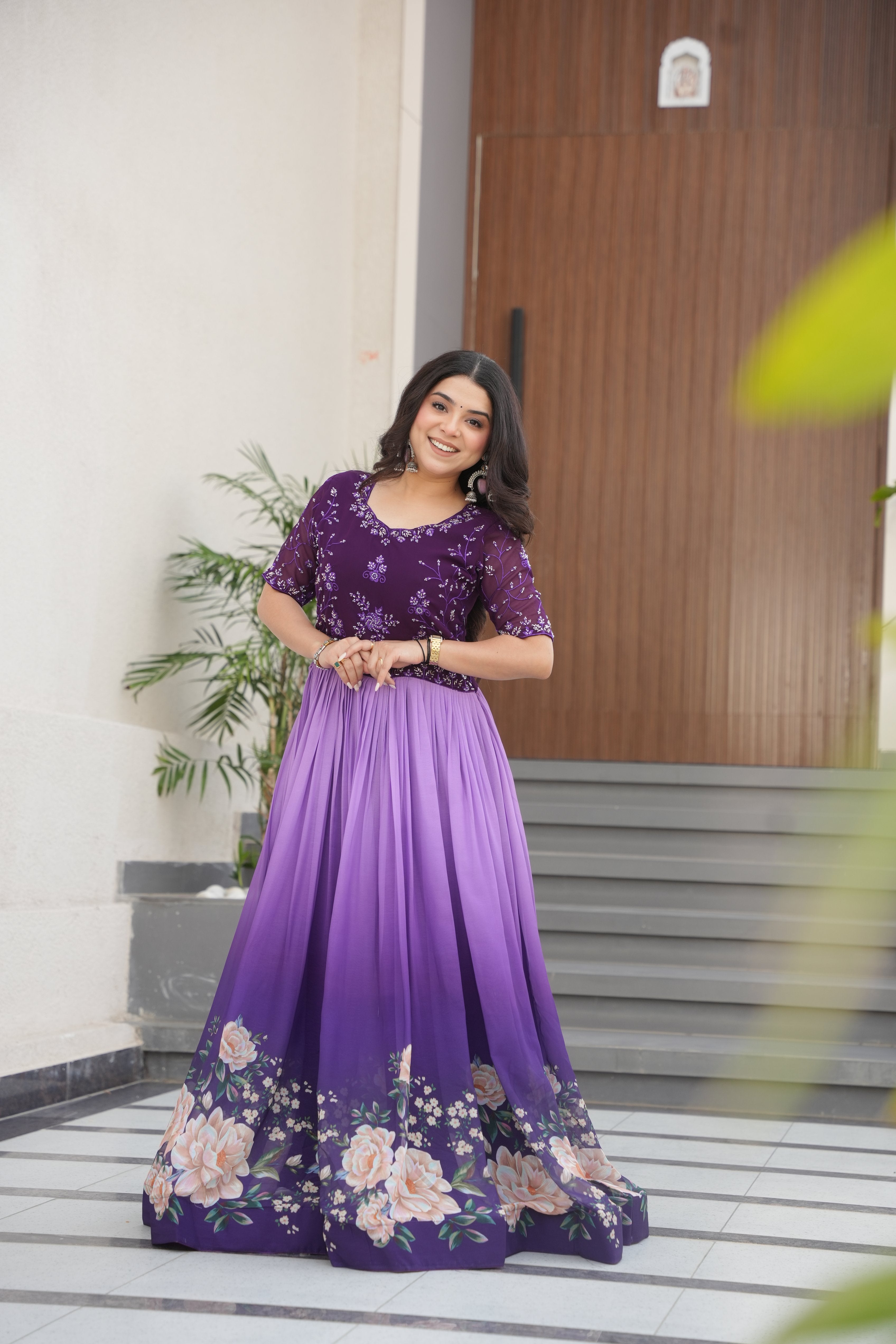 Premium Floral Digital Print Faux Blooming Gown – Beads Embroidered