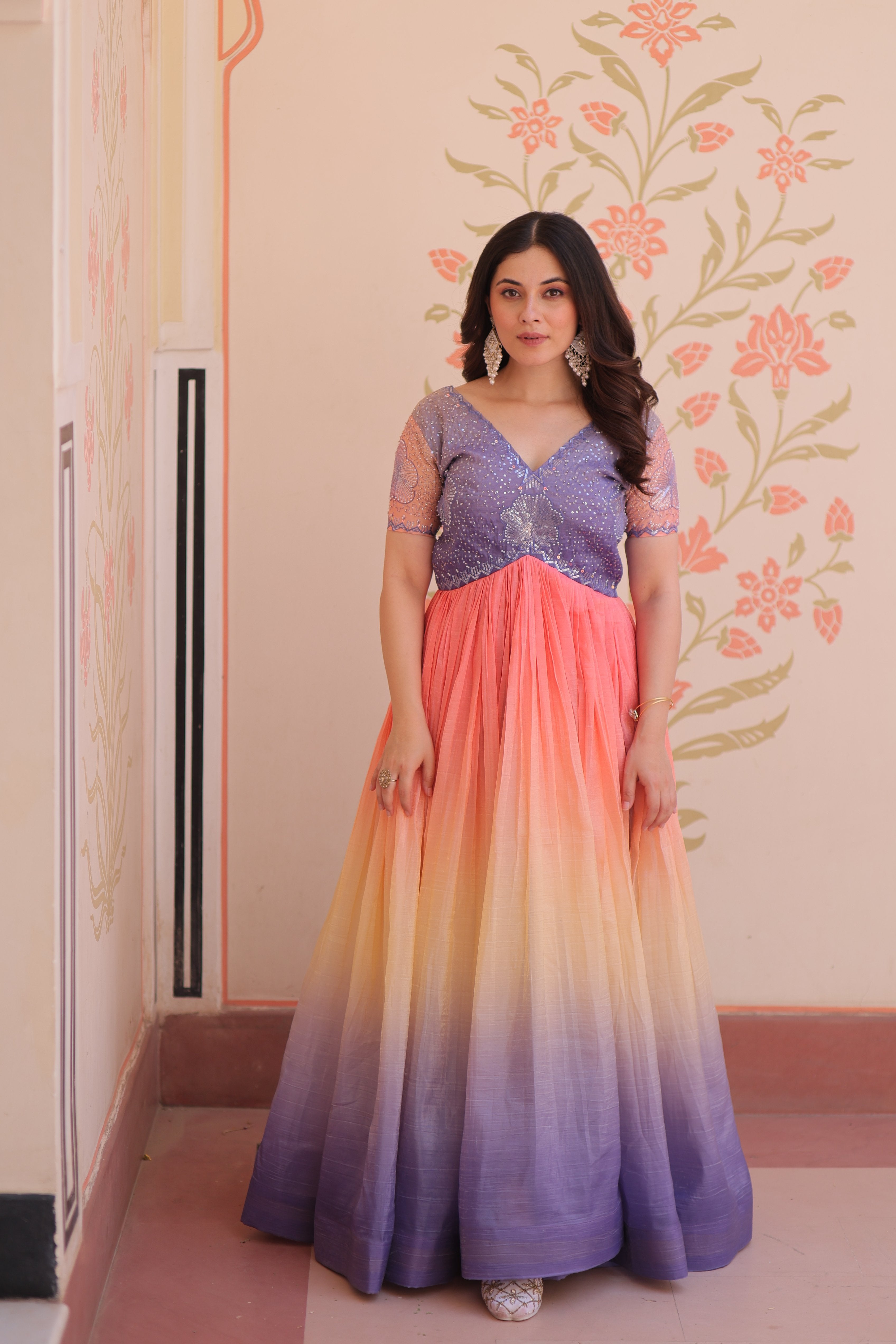 Premium Gold Crush Readymade Gown with Beads Embroidery – V Neck