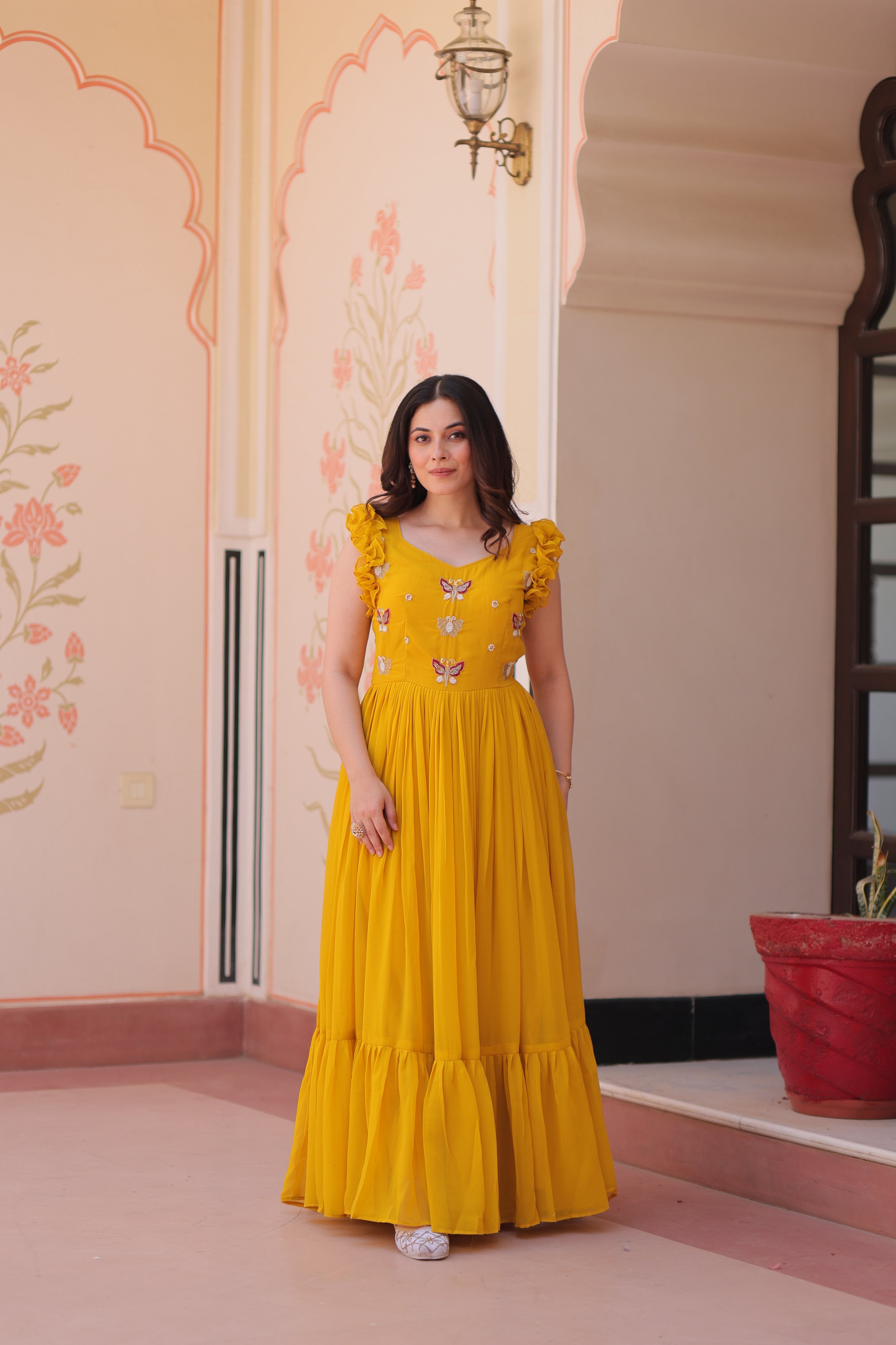 Premium Readymade Sleeveless Gown for Women – Faux Blooming Fabric with Sequins & Beads Embroidery