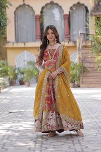 Premium Readymade Alia Cut Gown with Dupatta – Digital Printed Russian Silk with Zari & Sequins Embroidery