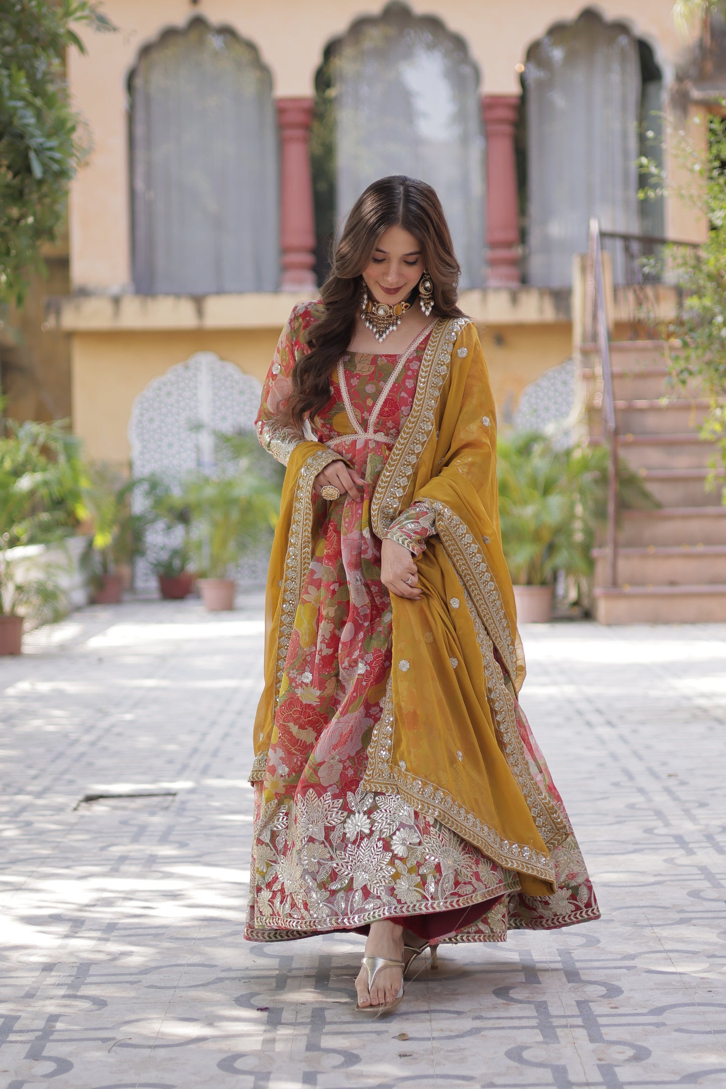 Premium Readymade Alia Cut Gown with Dupatta – Digital Printed Russian Silk with Zari & Sequins Embroidery