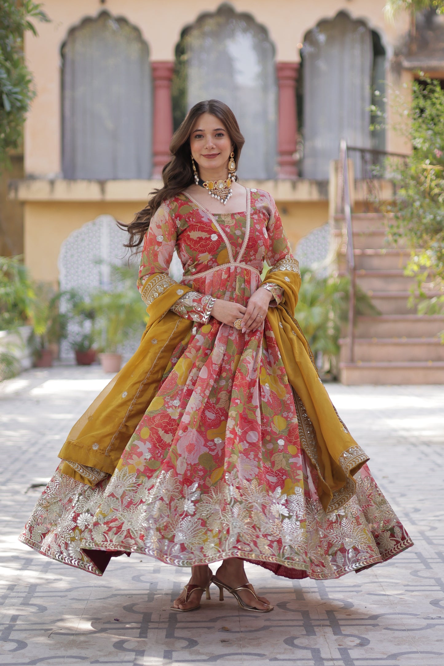 Premium Readymade Alia Cut Gown with Dupatta – Digital Printed Russian Silk with Zari & Sequins Embroidery