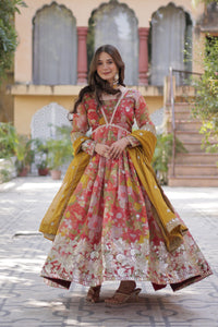 Premium Readymade Alia Cut Gown with Dupatta – Digital Printed Russian Silk with Zari & Sequins Embroidery