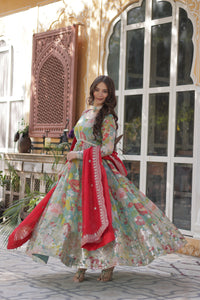 Premium Readymade Alia Cut Gown with Dupatta – Digital Printed Russian Silk with Zari & Sequins Embroidery