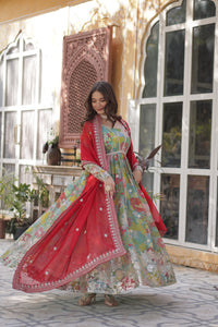 Premium Readymade Alia Cut Gown with Dupatta – Digital Printed Russian Silk with Zari & Sequins Embroidery