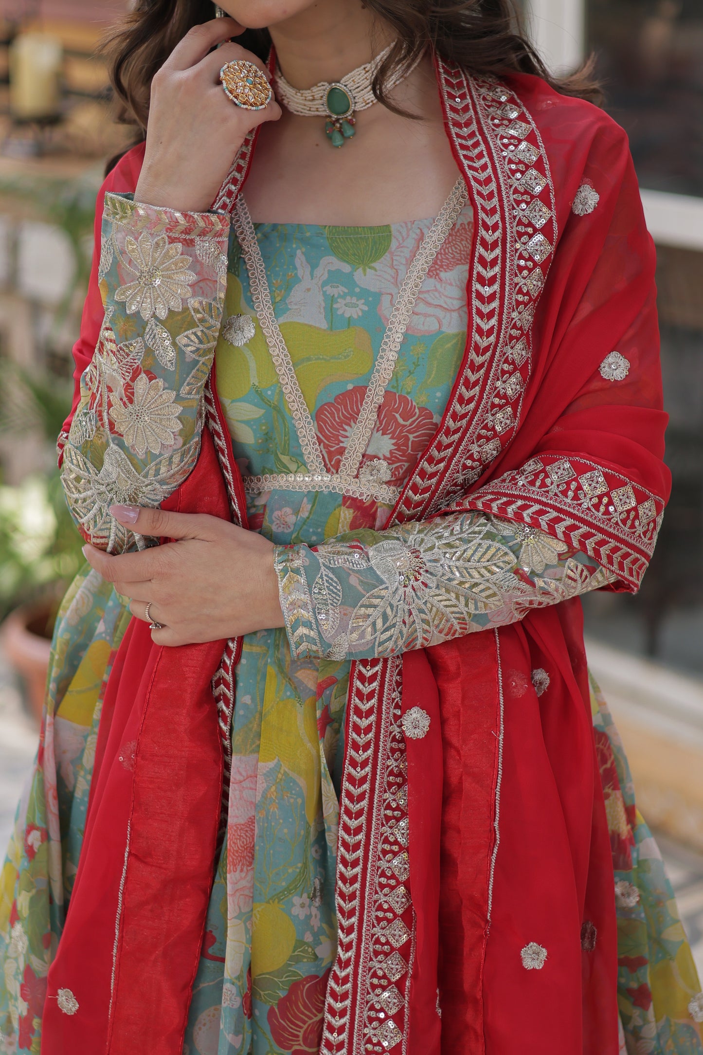 Premium Readymade Alia Cut Gown with Dupatta – Digital Printed Russian Silk with Zari & Sequins Embroidery