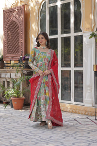 Premium Readymade Alia Cut Gown with Dupatta – Digital Printed Russian Silk with Zari & Sequins Embroidery