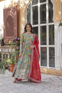 Premium Readymade Alia Cut Gown with Dupatta – Digital Printed Russian Silk with Zari & Sequins Embroidery