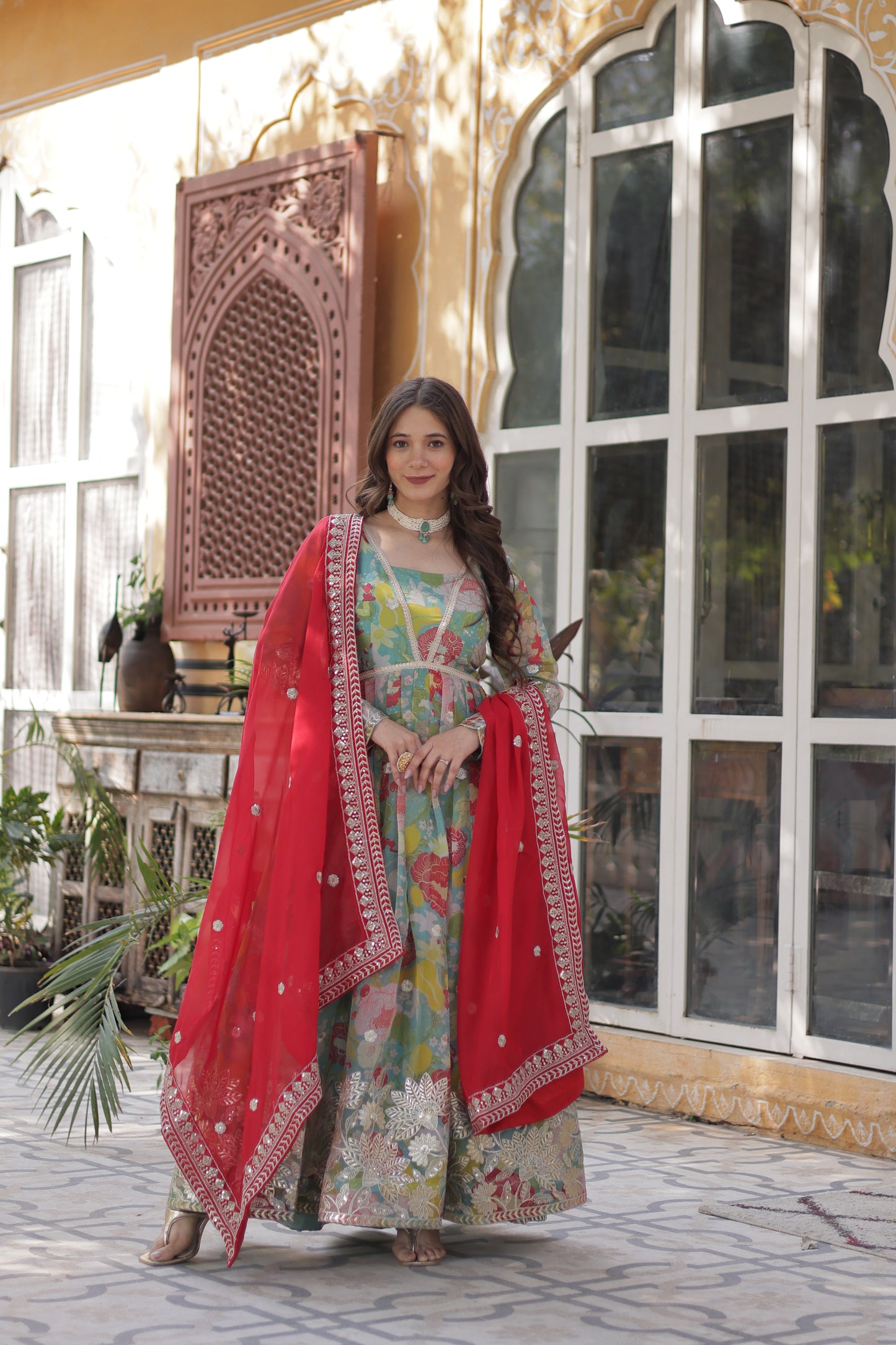 Premium Readymade Alia Cut Gown with Dupatta – Digital Printed Russian Silk with Zari & Sequins Embroidery