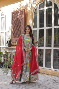 Premium Readymade Alia Cut Gown with Dupatta – Digital Printed Russian Silk with Zari & Sequins Embroidery