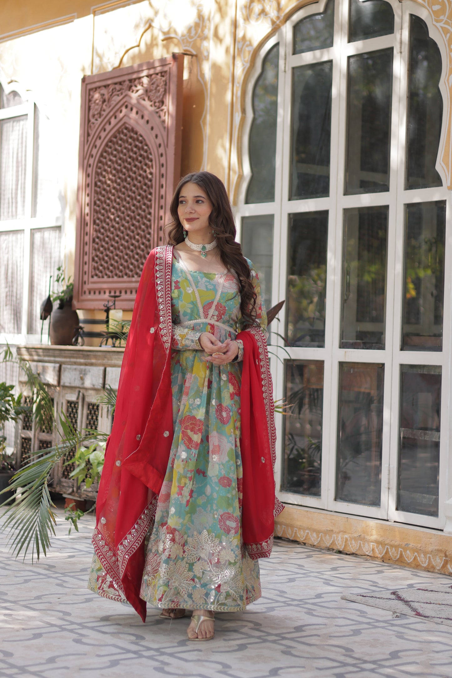 Premium Readymade Alia Cut Gown with Dupatta – Digital Printed Russian Silk with Zari & Sequins Embroidery