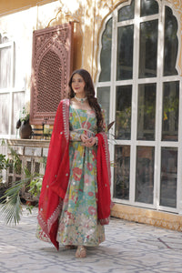 Premium Readymade Alia Cut Gown with Dupatta – Digital Printed Russian Silk with Zari & Sequins Embroidery