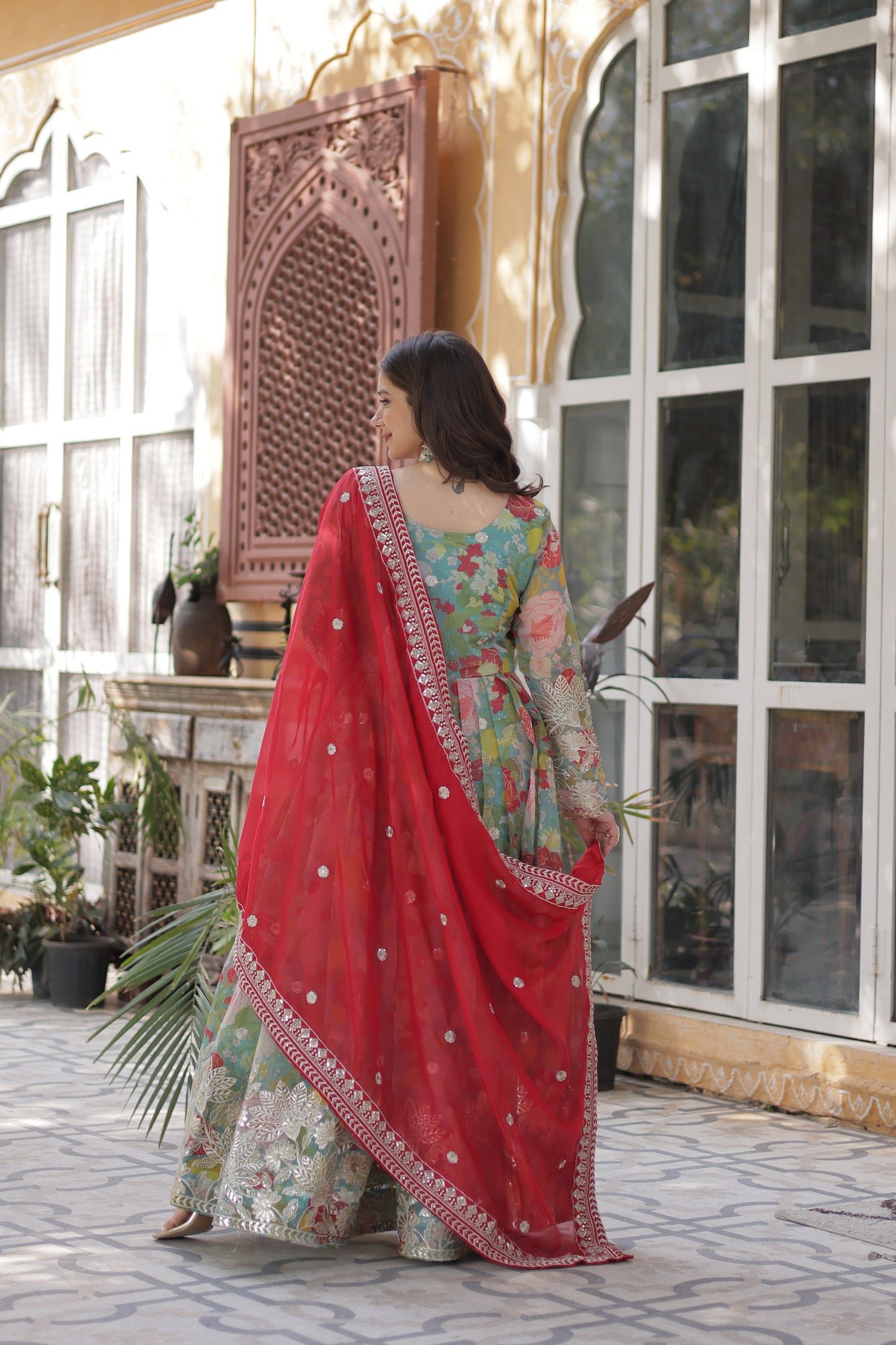 Premium Readymade Alia Cut Gown with Dupatta – Digital Printed Russian Silk with Zari & Sequins Embroidery