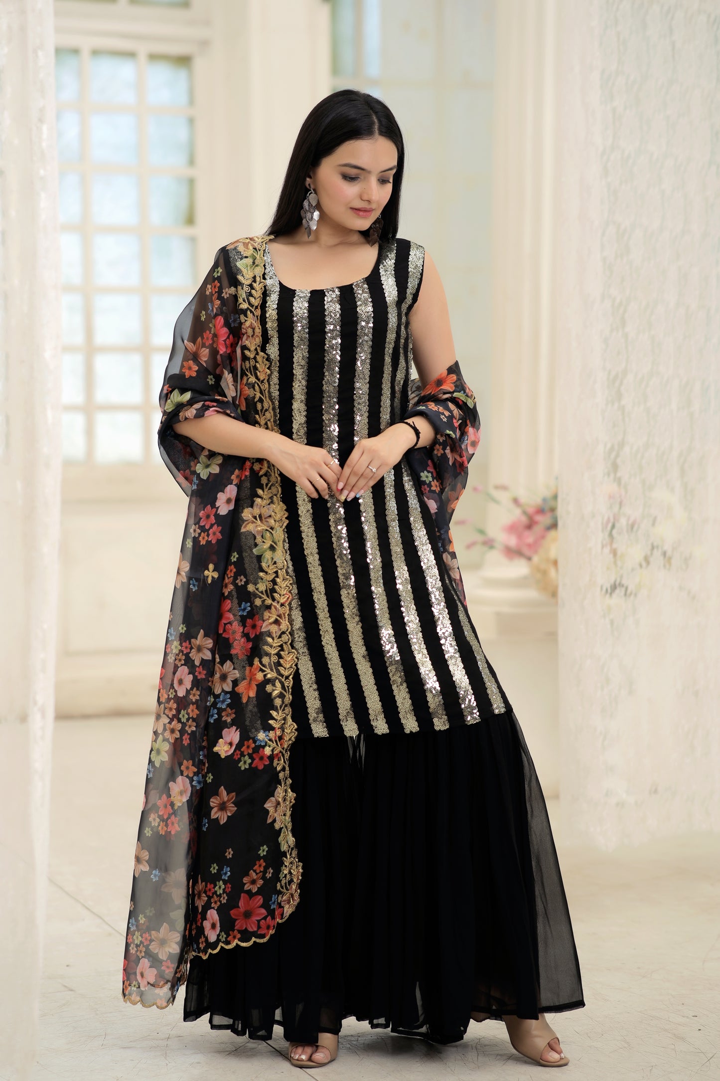 Elegant Faux Blooming Kurti and Sharara Set with Embellished Dupatta