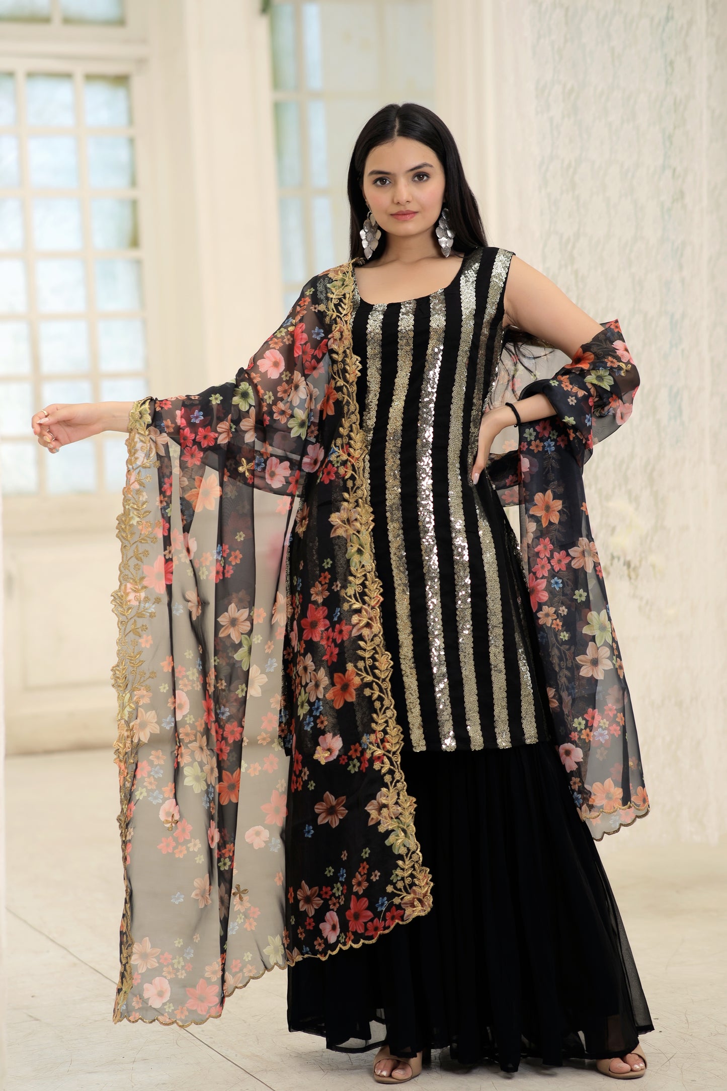 Elegant Faux Blooming Kurti and Sharara Set with Embellished Dupatta