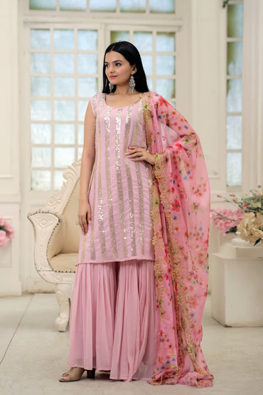 Elegant Faux Blooming Kurti and Sharara Set with Embellished Dupatta