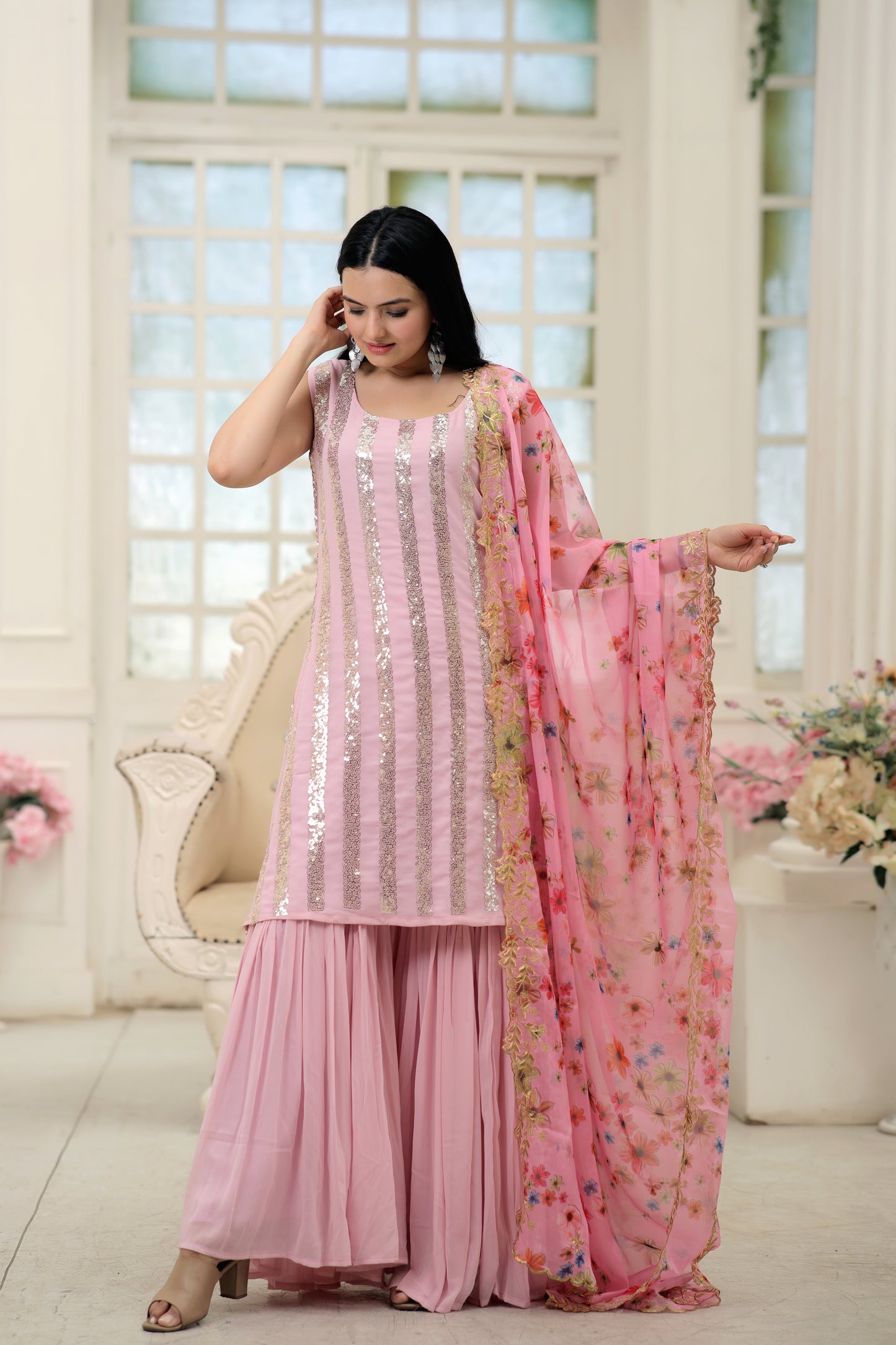 Elegant Faux Blooming Kurti and Sharara Set with Embellished Dupatta