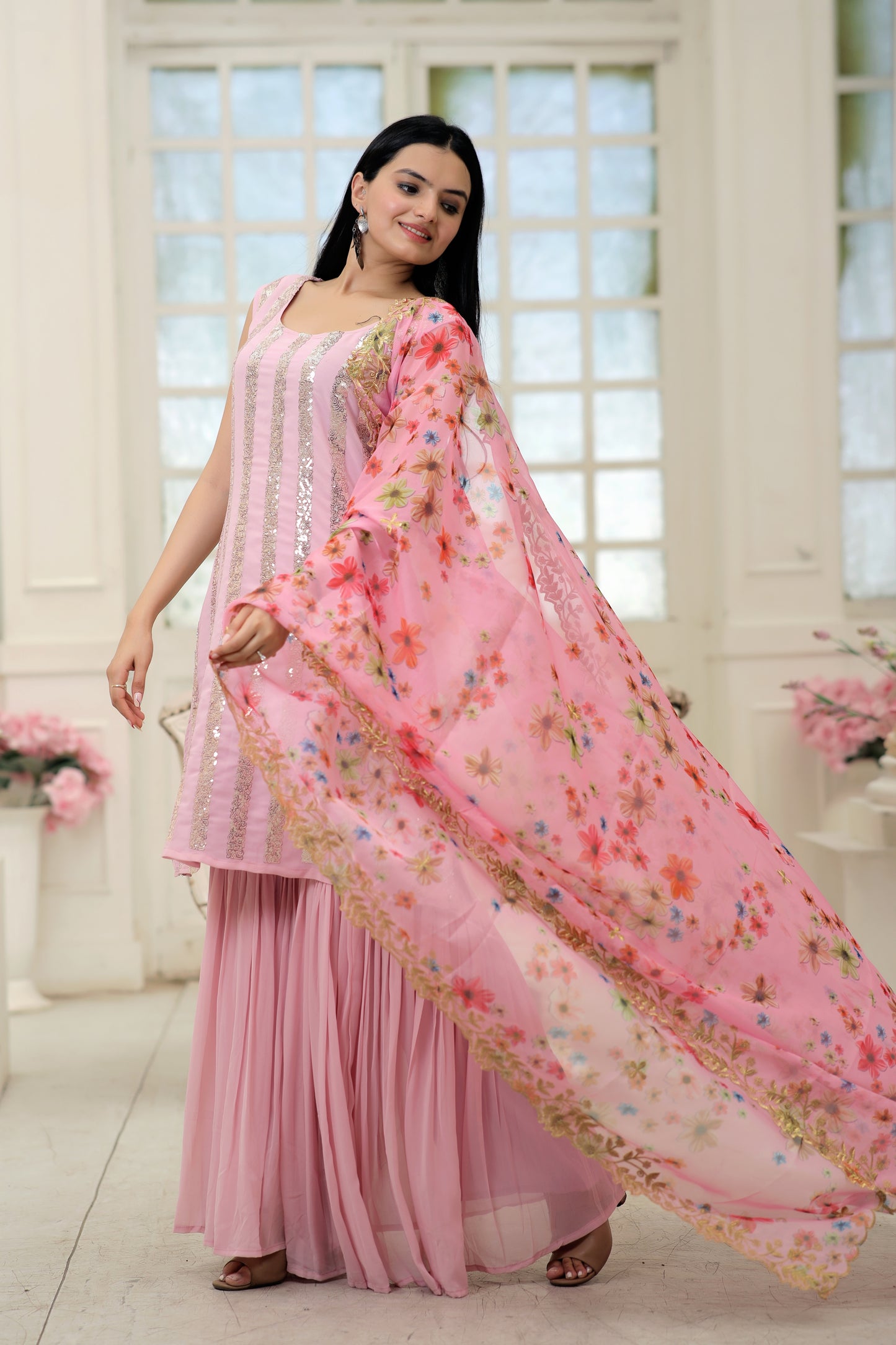 Elegant Faux Blooming Kurti and Sharara Set with Embellished Dupatta