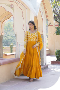 This fully flare dress is paired with lovely organza Bandhni Dupatta which gives perfect ethnic look with Golden embroidery Work Yok for your Indian traditional gathering and parties.