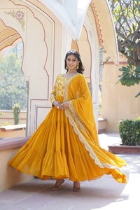 This fully flare dress is paired with lovely organza Bandhni Dupatta which gives perfect ethnic look with Golden embroidery Work Yok for your Indian traditional gathering and parties.