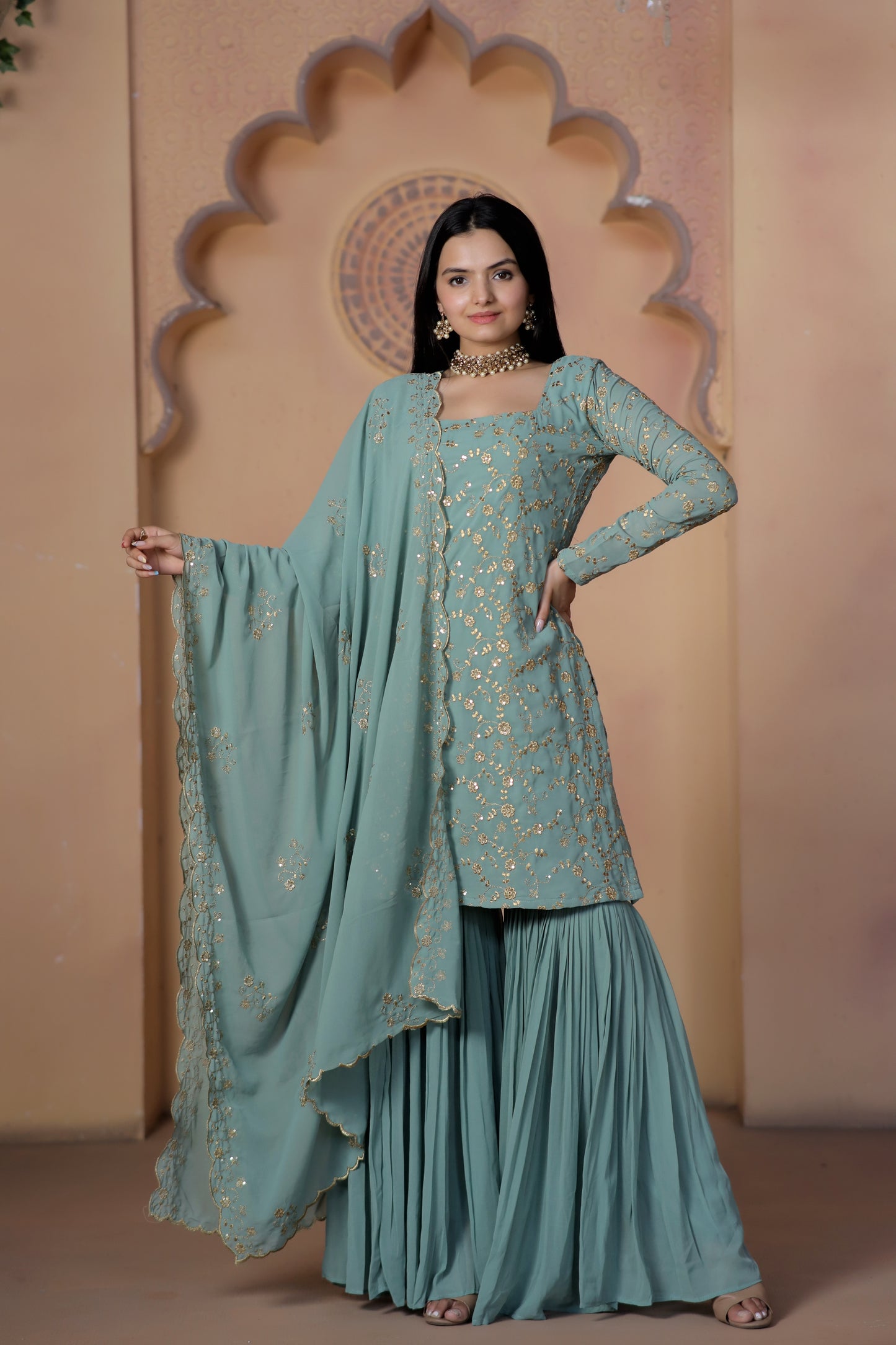 PREMIUM DESIGNER READYMADE TOP-SHARARA-DUPATTA COLLECTIONS.