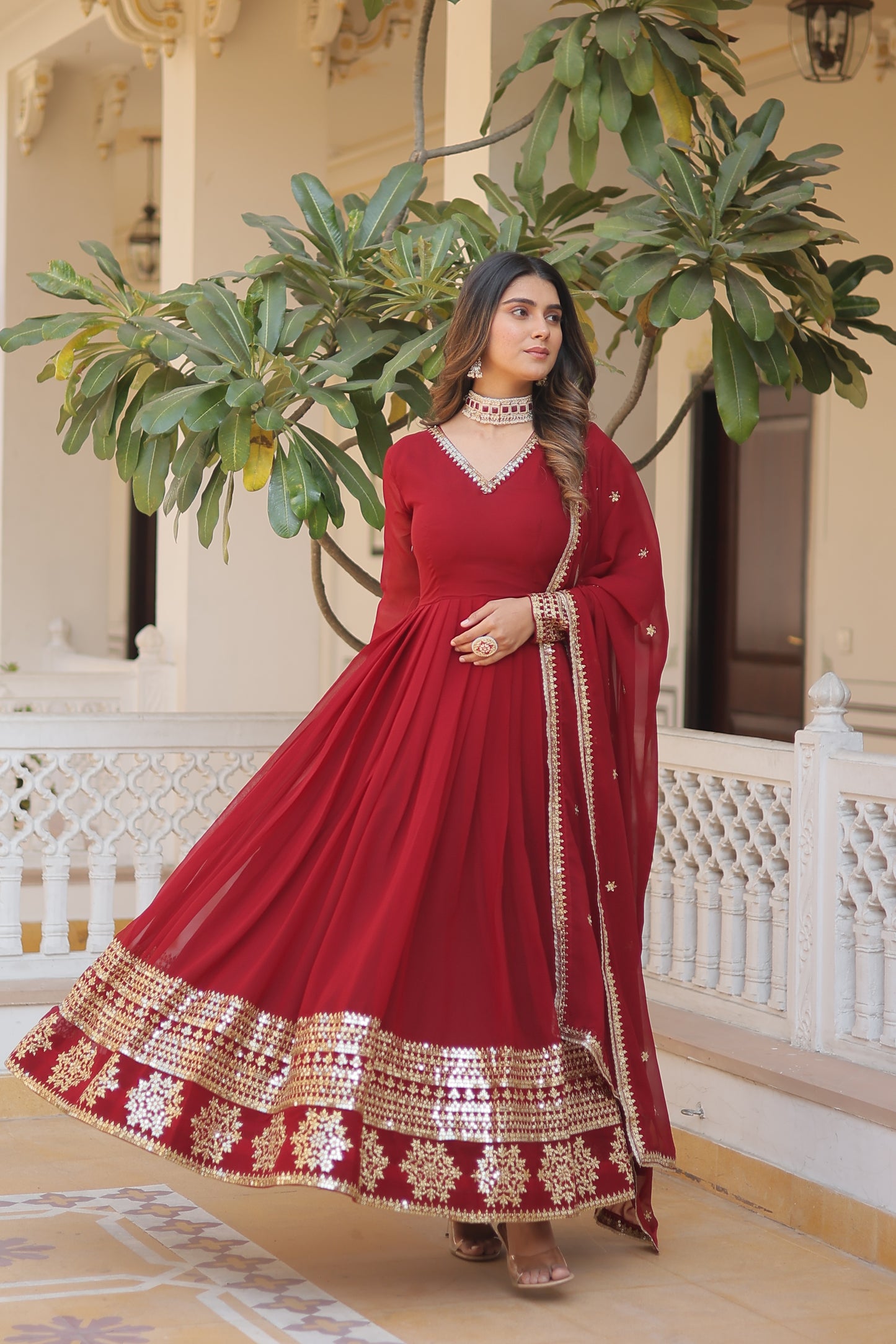 Faux Blooming Gown with Dupatta With Attractive Embroidered Sequins work.