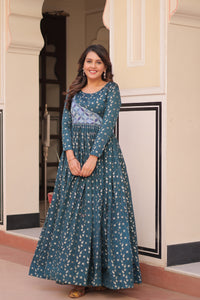 Premium Readymade Ethnic Gown for Women – Position Print Choli with Staple Jacquard Weaving