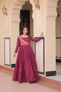 Premium Readymade Ethnic Gown for Women – Position Print Choli with Staple Jacquard Weaving