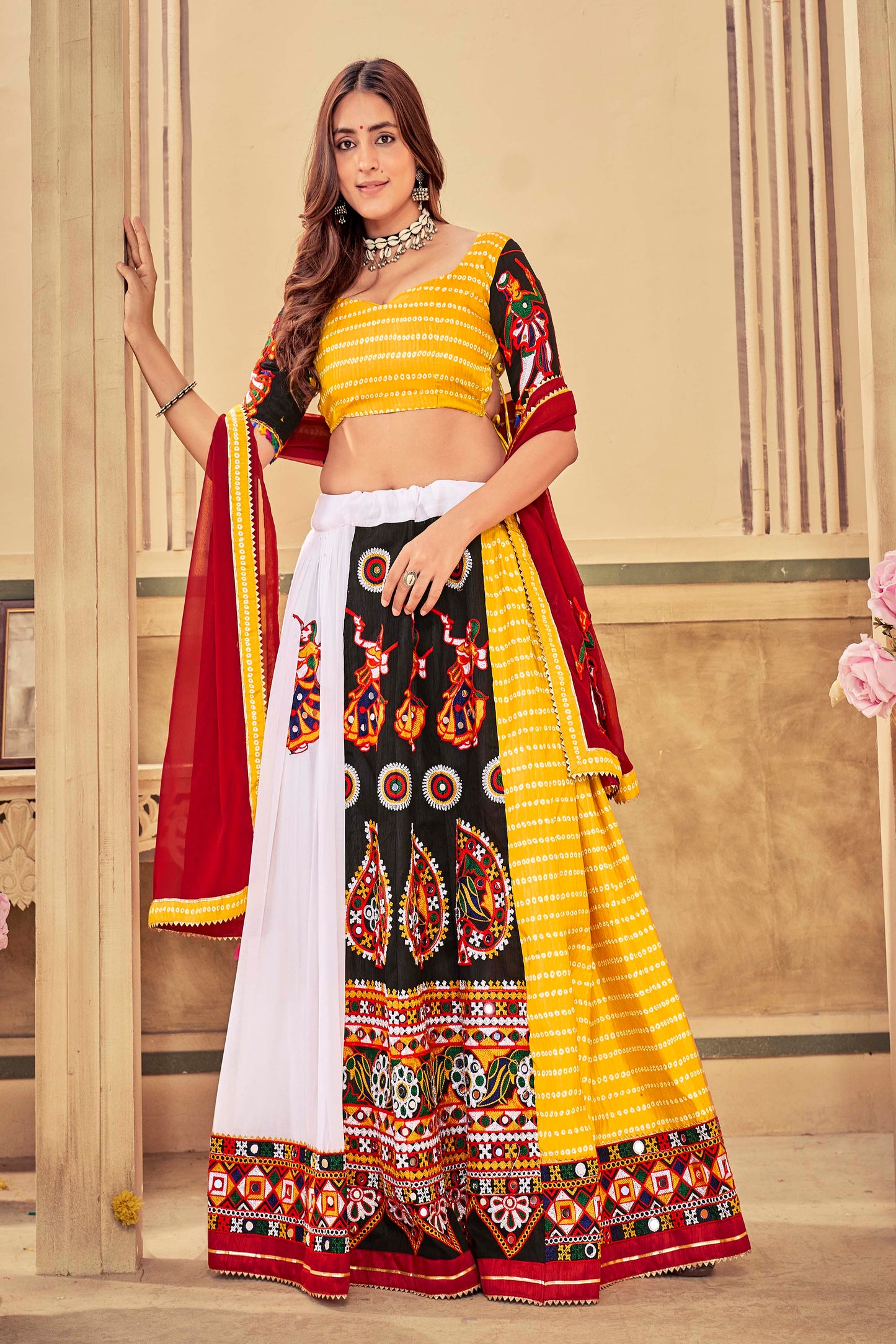 Mirror Work Yellow Color Navratri Ghagra Choli