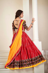 Red And Black Mirrror And Thread lace work Navratri Lehenga choli With Yollow Duptta Set