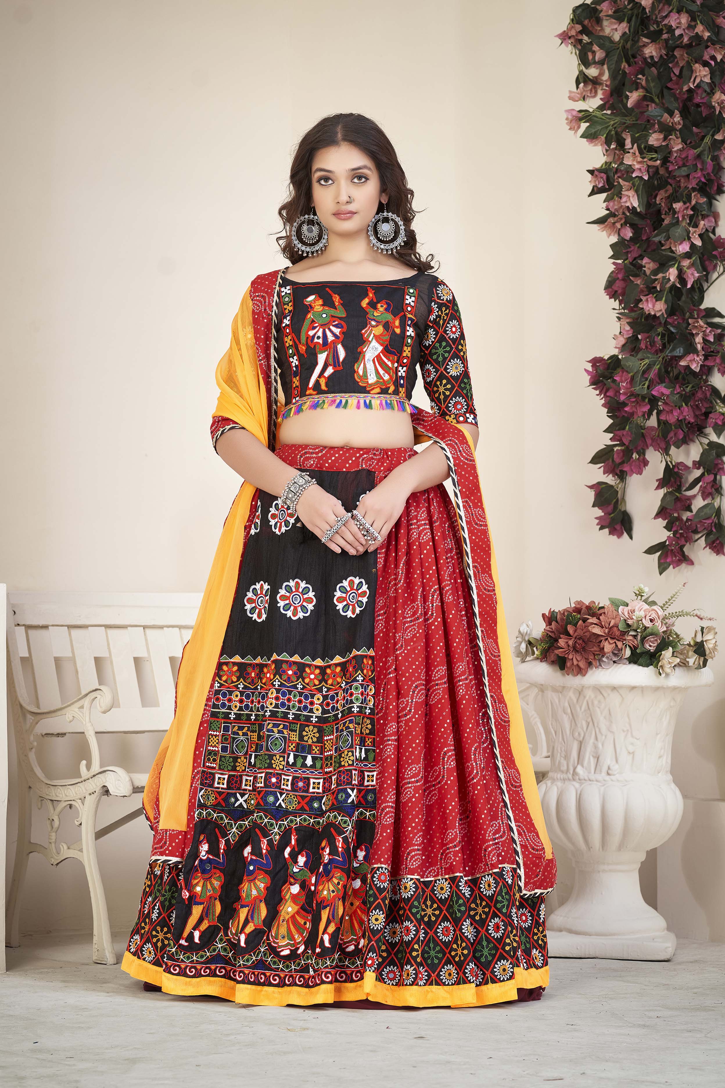 Red And Black Mirrror And Thread lace work Navratri Lehenga choli With Yollow Duptta Set