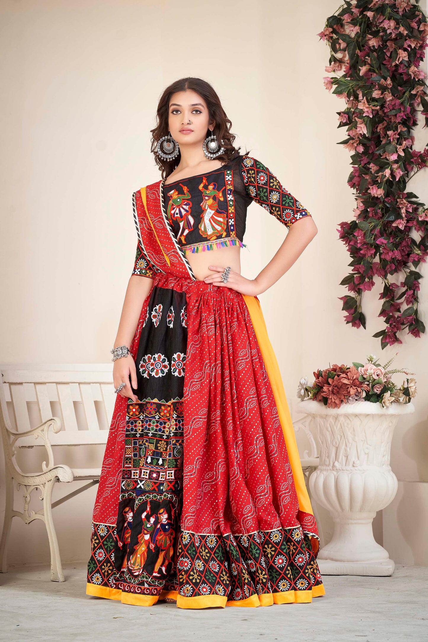 Red And Black Mirrror And Thread lace work Navratri Lehenga choli With Yollow Duptta Set