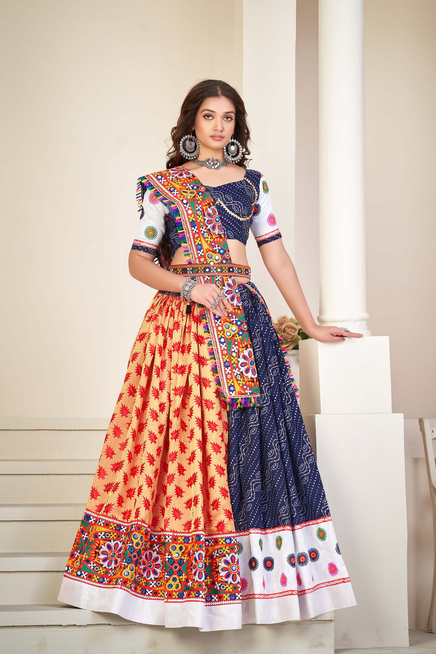 Navy Blue Georgette Printed Flared Style Lehenga